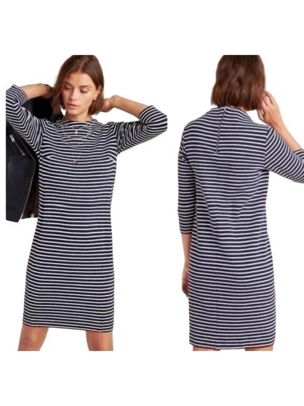 Anthropologie Seen Worn Kept Womens Navy Striped Mock Neck Dress Size 12